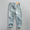 Mäns jeans vintage tvättat ljusblått för män våren höst dagligen kausal baggy bomullsmal