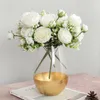 Decorative Flowers Rose Pink Silk Peony Artificial Bouquet 5 Big Head Fake Flower For Home Wedding Decoration Indoor