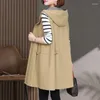 Frauenwesten Frühling Herbst Mitte-Long Trench Coat Weste Frauen 2024 Lose Kapuze-Windbreaker Pure Farbe Ein-Brust-Weste weiblich