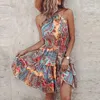 Casual Dresses Vintage Pattern Print Backless Mini Dress Summer Elegant Halter Waist A-Line Women Sleeveless Pleat