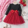 Meisjesjurken mesh voor lente peuter kinderen meisjes meisjes lange mouw golfpunt afdrukken ruches bowknot pailletten kleding vestido