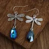 Dangle Chandelier Blue Shiny Synthetic Gems Pendant Dragonfly Design Earrings for Women Elegant Style Silver Color Jewelry Trendy H240423