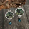 Dangle Chandelier Vintage Round Black Cat Earrings for Women Ethnic Antique Silver Color Painting Green Leaves Blauwe Parel Dangle Earrings d240323