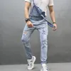 Men Ripped Slim Biker Jeans Bib Overalls Jumpsuits jeans Stylish Man Streetwear Stretch Dungarees Male Strap 240417