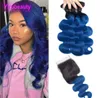 Hair vierge indien 1b Blue ombre Human Hair Body Wave Bundles avec 4x4 Ferme de dentelle Extensions de cheveux à trois pièces 1028Q8887298