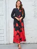 2023 Plus Size Women Dress Autumn Winter Floral Printed Maxi Dresses Casual V Neck Full Sleeve Boho Beach Party Long 240422