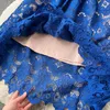 Parti Elbiseleri Lüks Su Çözünür Dantel Mavi Yaz Elbisesi Pist Yüksek Kaliteli Kadınlar Çiçek İçi Çıkış Nakış Altın Düğme Midi Vestidos