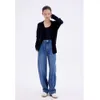 denim blue cotton four sided elastic high waisted loose wide leg jeans