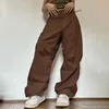 Women Casual Joggers Calças Tecnologia Vintage Solid Solid Cintura Destrução Desenhada calça folga Y2K Pontas de moletom de pernas largas Carga de rua 240412