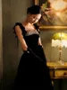 Party Dresses Elegant Black Hepburn Style Cocktail Sling Square Collar A Line Sleeveless Velvet Floans Längd Formella klänningar 2024