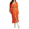 Casual jurken vrouwen lange mouw geplooide shirt jurk knop down v nek vaste kleur hoge split streetwear oranje medium