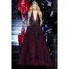 Party Dresses Criss-Cross Beading Sequined Burgundy Evening Dress Sparkly Halter Sleeveless Sweep Train A-Line Gowns Catwalk Prom