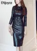 Casual Dresses Enjoce Autumn Winter Women Vintage Faux Leather Pu Black Long Sleeve Midi Evening Party A-line Slim Bodycon Dress