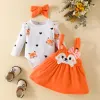 One-Pieces 3PCS Baby Girl Fox Print Long Sleeve Onesie with Triangle Bib Fox Plush Embroidery Overall Dress Set