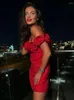 Robes décontractées Ailigou 2024 Summer Women's Red 3D Rose Détails de l'épaule Personnalité Mini Bandage Robe Elegant Celebrity Party