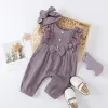 One-Pieces Baby Girl Cotton Linen Romper Twopiece Clothes Set Sleeveless Round Collar Jumpsuit Headdress Pink/ White/ Purple/ Green/Yellow