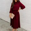 Basic Casual Dresses Summer Green Full Sleeve Plain Maxi Dress Blouson Dress Skater Dress Solid Lantern Round Neck Medium Stretch Belted Midi DressL2403