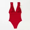 Swimwear pour femmes Sexy V cou de cou au dos d'ouvre volant à volants couvrent le ventre conservateur de maillot de bain mince du ventre chaîne de bikini