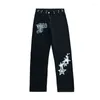 Kvinnors jeans punk stil kvinnor retro bokstav stjärna tryck last byxor baggy rak bred ben mark svarta denim pantalons