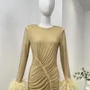 Casual Dresses Top Quality Women Clothing 2024 Spring Golden Diamonds Wrinkled Bodycon Midi