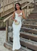 Casual jurken Elegante 3D Flower Sling Maxi Dress Women Diep V-Neck Mouwess Beach 2024 Zomer Witte dame Chic High Street Rozes