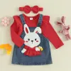 セットフォーカスノーム018m幼児の女の子の服セット3pcs長袖フリルromperウサギembroideryサスペンダードレスヘッドバンド