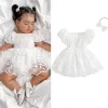 One-Pieces Newborn Baby Girls Rompers Dress Flower Embroidered Puff Sleeve Layered Tulle Skirt Hem Toddler Bodysuits with Headband