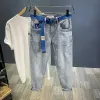 Sweatpants Automne 2022 Fashion Guy broderie Slim Jeans Joker's Men's Casual Stretch Wash Streetwear Denim Man Free Waist Belt Cowboy Jeans