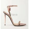 24SS eleganta varumärke kvinnor skor hänglås spetsiga nakna sandaler skor hårdvara lås och nyckelkvinnor metall stiletto häl fest klänning bröllop eu35-42 tom-sandal