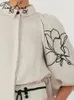 Mode Baumwollwäsche gedruckte Hosenanzug Frauen Retro Bubble Sleeve Revers Hemd plissierte Weitbein Hose Frühling Sommeranzüge 240418