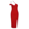 Casual Dresses HQBORY 2024 Red Bandage Knee Length Dress Party Women Quaity Tight Sleeveless Cocktail V Asymmetrical Cut Out Vestidos