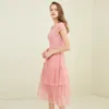 Casual Dresses Elegant Lace Crochet Mesh Sweet Pink Dress V-Neck Slim Long Wedding Party Club