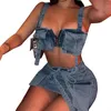 Abiti da lavoro in denim mini gonne set da donna jeans a 2 pezzi set da tasca senza maniche top a tasca e giubbotti di pietra sexy sexy