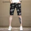 Summer Mens Denim Shorts With Trendy Letter Print Five Point Middle Pants Elastic Slim Fit Beach Breeches