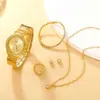 Avanadores de pulso Novo 6pcs Conjunto de ouro rosa de luxo de ouro Brinco de colar de anel de anel de anel Retor de pulseira de stringwatch de moda de ladras casuais relógios de pulseira 240423