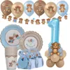 1set Śliczny niedźwiedź jednorazowe zastawa stołowa Brown Blue Shifty Pucharki dla Baby Boy Girl Happy Birthday Shower Dostawa 240411