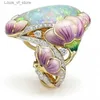 Band Rings Delicate Fashion Gold Color Floral Ring Lavender Fuchsia Lotus Enamel Oval Cut Fire Stone Bridal Engagement for Women H240424