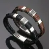 Strängar vintage brun läderarmband för män make rostfritt stål flerskikt flätat rep armband handled smycken present pulsera hombre