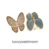 Roches de bijoux haut de gamme pour Vancleff Womens Double Butterfly Anneau Femme NOUVEAU TURQUISE DIAMOND OUVERT RING ORIGINAL 1: 1 avec un vrai logo et une boîte