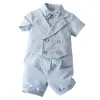 Blazers 2022 Zomer Nieuwe formele jurk Boy Plaid Suit Baby Gentleman Solid Color Vest Twopion Short Sleeveved Suit blauw 3009