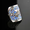 Cluster Anneaux Goldfish Lotus Flower 925 Thai Silver Wide Style pour femmes Vintage Couple Email Blue Banquet d'ouverture ajusté Bijoux