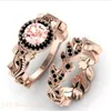 Wedding Rings 2 Pieces/set Exquisite Rose Gold Color Black Zircon Ring Vintage Flower Vine Inlaid with Champagne Stones Wedding Ring Set