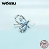 أقراط WoStu Real 925 Sterling Silver Silver Proodfly Butterfly Ear Cuffs Earrings Blue Crystal Zircon Ear Clips Wedding Jewelry Holiday Gift