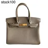 Platinum Handbag Heya بالكامل يدويًا يدويًا 30 سم طبقة رأس Litchi Togo Calfskin Elephant Gray Bage للنساء المصنوعة يدويًا من الجلد الأصلي