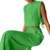 Spring Summer Women Holiday Linen Pant Set LaceUp Crop Tops Solid Outfits 2 Two Piece Matching For 240422