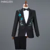 Gömlekler Kırmızı Elmas Çiçek Erkekler Düğün Erkek Takımları 3 Parça Blazer+Pant+Çat Tie Fashion Smokin Erkekler Takım Set Sahne Kostüm Homme