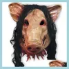 Masks Roanoke Pig Wholesale-scary Party Mask Adts Fl Face Animal Latex Halloween Horror Masquerade with Black Hair H-0061 Dhwxl