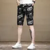 Summer Mens Denim Shorts With Trendy Letter Print Five Point Middle Pants Elastic Slim Fit Beach Breeches