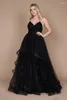 Party Dresses Black Evening Navy Blue Sparkly Spaghetti Strap V Neck Ruffles Tulle Women Formal Prom Gowns Long