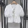 Blusas femininas primavera mola verão meninas tampe peplum tampo peplum em algodão manga de algodão Ladies preto branco fofo para mulheres moda 2024